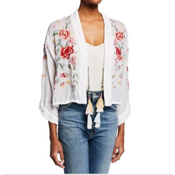 Johnny Was Aurora Kimono white embroidered tassels Sz L EX cond boho - Picture 2 of 10